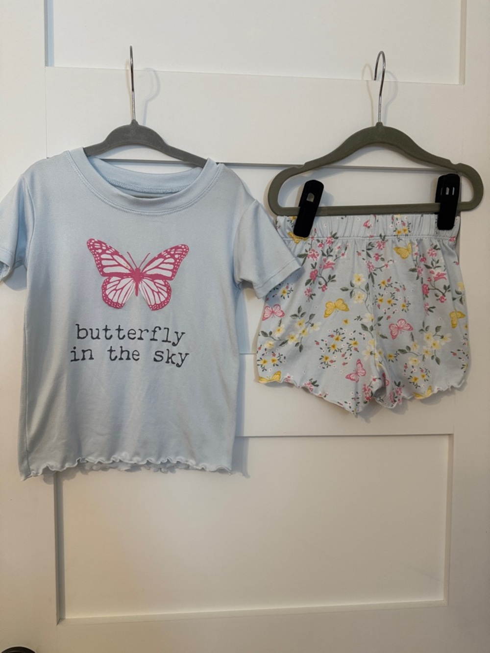 Girls Light Blue Butterfly Pajama Set - Short Sleeve Top & Shorts